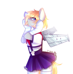 Size: 3546x3615 | Tagged: safe, artist:yuozka, oc, oc only, oc:rafale, original species, plane pony, semi-anthro, clothes, colored pupils, dress, female, frilly dress, high res, midriff, plane, short shirt, skirt, socks, solo, striped socks, tongue out
