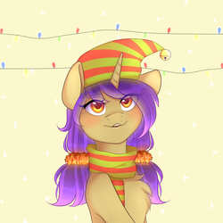 Size: 2000x2000 | Tagged: safe, artist:yuozka, oc, oc only, pony, unicorn, christmas, christmas lights, clothes, female, hat, high res, holiday, mare, scarf, solo, ych result
