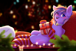 Size: 3000x2000 | Tagged: safe, artist:yuozka, oc, oc only, oc:falling skies, pegasus, pony, bell, bell collar, choker, christmas, christmas lights, clothes, collar, female, high res, holiday, mare, present, socks, solo, striped socks