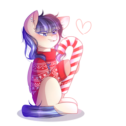 Size: 2000x2000 | Tagged: safe, artist:yuozka, oc, oc only, pegasus, pony, candy, candy cane, christmas, christmas sweater, clothes, ear piercing, female, food, freckles, heart, high res, holiday, lip piercing, mare, piercing, solo, sweater