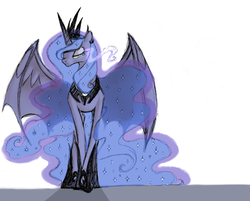 Size: 2256x1817 | Tagged: safe, artist:remains, nightmare moon, princess luna, alicorn, pony, g4, bat wings, dark magic, female, hybrid wings, magic, nightmare luna, solo, spread wings, wings