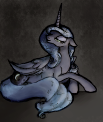 Size: 1341x1589 | Tagged: safe, artist:remains, nightmare moon, princess luna, alicorn, pony, g4, alternate versions at source, eyeshadow, female, floppy ears, lying down, makeup, nightmare luna, solo