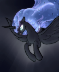 Size: 1082x1318 | Tagged: safe, artist:remains, nightmare moon, alicorn, pony, g4, alternate versions at source, darkness, female, flying, smiling, solo