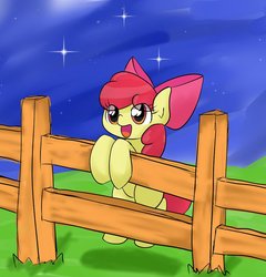Size: 983x1024 | Tagged: safe, artist:up_p_ab, apple bloom, earth pony, pony, g4, bipedal, bow, female, fence, filly, foal, happy, night, open mouth, solo, starry sky, stars