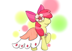 Size: 842x595 | Tagged: safe, artist:up_p_ab, apple bloom, earth pony, pony, g4, make new friends but keep discord, bow, clothes, dress, eyes closed, female, filly, flower, foal, gala dress, hairpin, raised hoof, simple background, solo, white background