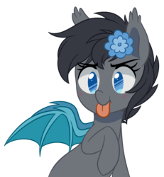 Size: 1924x2081 | Tagged: safe, artist:higglytownhero, oc, oc only, oc:seachell, bat pony, pony, :p, bat pony oc, cute, female, flower, flower in hair, mare, ocbetes, silly, simple background, tongue out, transparent background