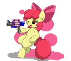 Size: 2524x2175 | Tagged: safe, artist:up_p_ab, apple bloom, earth pony, pony, g4, bipedal, bow, clash blaster (splatoon 2), female, filly, high res, hoof hold, simple background, solo, splatoon, splatoon 2, white background