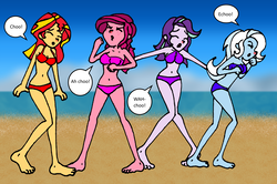 Size: 3918x2608 | Tagged: safe, artist:pariahexilewrath, gloriosa daisy, starlight glimmer, sunset shimmer, trixie, equestria girls, g4, barefoot, belly button, bikini, clothes, counterparts, feet, high res, midriff, sneezing, swimsuit, twilight's counterparts