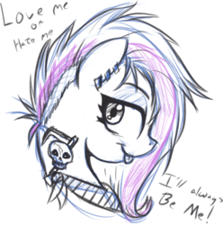 Size: 739x746 | Tagged: safe, artist:wildrose, oc, oc only, pony, bust, female, mare, portrait, punk, simple background, sketch, skull, text, tongue out, white background