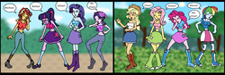 Size: 3356x1123 | Tagged: safe, artist:pariahexilewrath, applejack, fluttershy, pinkie pie, rainbow dash, rarity, sci-twi, starlight glimmer, sunset shimmer, twilight sparkle, equestria girls, g4, beanie, belly button, belt, boots, clothes, comic, compression shorts, cowboy hat, denim skirt, hat, humane five, humane seven, humane six, mary janes, midriff, ripped pants, shoes, short shirt, shorts, skirt, sneezing, socks, stetson, tank top, tube top