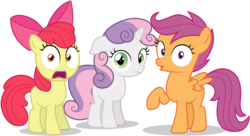 Size: 5600x3050 | Tagged: safe, artist:tomfraggle, apple bloom, scootaloo, sweetie belle, earth pony, pegasus, pony, unicorn, g4, absurd resolution, bow, cutie mark crusaders, female, filly, hair bow, looking at you, raised hoof, simple background, surprised, transparent background, trio, vector