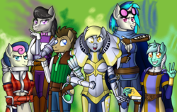 Size: 1900x1200 | Tagged: safe, artist:syforcewindlight, bon bon, derpy hooves, dj pon-3, doctor whooves, lyra heartstrings, octavia melody, sweetie drops, time turner, vinyl scratch, earth pony, anthro, g4, armor, cape, clothes, crossed arms, fantasy class, fire emblem, fire emblem awakening, group, knight, peace sign, scarf, smiling, warrior