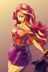 Size: 1377x2039 | Tagged: safe, artist:oberon826, sunset shimmer, human, equestria girls, g4, my little pony equestria girls: better together, clothes, female, jacket, jewelry, leather jacket, looking at you, necklace, shirt, skirt, smiling, smirk, windswept mane
