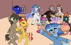 Size: 1900x1200 | Tagged: safe, artist:nootaz, sunset shimmer, oc, oc:brisk, oc:conicaw, oc:magmatic, bat pony, changeling, earth pony, griffon, hippogriff, pegasus, pony, unicorn, g4, bar, blushing, canon x oc, clothes, commission, drunk, drunker shimmer, fixed, hhh, hoodie, socks