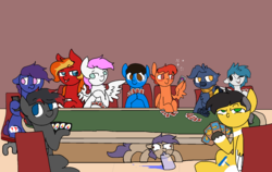 Size: 1900x1200 | Tagged: safe, artist:nootaz, oc, oc only, oc:dusty sprinkles, earth pony, griffon, pegasus, pony, bottle, card, clothes, commission, drunk, fixed, hhh, poker, scarf
