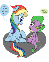 Size: 800x1000 | Tagged: safe, artist:emositecc, rainbow dash, spike, dragon, pegasus, pony, comic:sparkle, alternate eye color, alternate hairstyle, alternate universe, dialogue, female, heart, looking at each other, male, mare, multicolored hair, rainbowspike, shipping, simple background, sitting, smiling, speech bubble, straight, transparent background