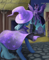 Size: 600x733 | Tagged: safe, artist:adeptus-monitus, artist:sa1ntmax, trixie, twilight sparkle, alicorn, pony, unicorn, g4, cape, clothes, collaboration, flying, hat, spread wings, trixie's cape, trixie's hat, trixie's wagon, twilight sparkle (alicorn)