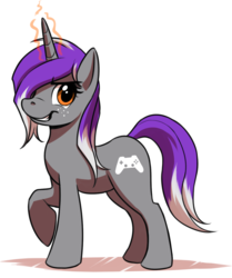 Size: 1057x1265 | Tagged: safe, artist:mykegreywolf, oc, oc only, oc:belle eve, pony, unicorn, belle eve, female, freckles, glowing horn, grin, hair over one eye, horn, mare, raised hoof, redesign, smiling, solo