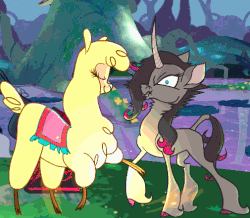 Size: 495x431 | Tagged: safe, fhtng th§ ¿nsp§kbl, oleander (tfh), paprika (tfh), alpaca, classical unicorn, them's fightin' herds, animated, book, chest fluff, community related, eyes closed, female, gameplay, gif, horn, kissing, mare, scrunchy face, smiling, that alpaca sure does love kisses, the woodlands, unicornomicon