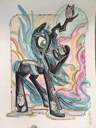 Size: 1536x2048 | Tagged: safe, artist:sara richard, queen chrysalis, bird, changeling, changeling queen, owl, g4, female, solo, traditional art