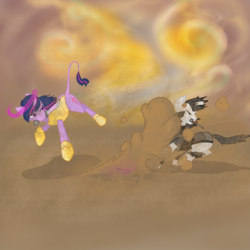 Size: 3000x3000 | Tagged: safe, artist:radioactive nero, twilight sparkle, pony, unicorn, g4, alternate universe, armor, dust, fight, high res, leonine tail, magic, story in the source, sword, weapon
