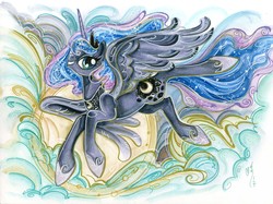 Size: 3568x2668 | Tagged: safe, artist:sararichard, princess luna, alicorn, pony, g4, crown, female, flying, high res, jewelry, looking at you, mare, regalia, traditional art, watercolor painting