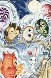Size: 1031x1575 | Tagged: safe, artist:sararichard, angel bunny, owlowiscious, barn owl, bird, owl, rabbit, g4, spoiler:comic, spoiler:comic54, candy, food, ladder, lollipop, looking at you, male, moon, tootsie pop, traditional art, tree