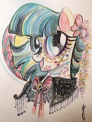 Size: 1536x2048 | Tagged: safe, artist:sararichard, coco pommel, earth pony, pony, g4, bowtie, catrina (calavera garbancera), dia de los muertos, face paint, female, flower, looking at you, makeup, mare, solo, traditional art