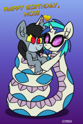 Size: 768x1148 | Tagged: safe, artist:snakeythingy, dj pon-3, vinyl scratch, oc, oc:nox, bat pony, lamia, original species, pony, robot, robot pony, snake pony, g4, birthday, birthday gift, boop, canon x oc, coils, commission, gradient background, heart, looking at you, massage, noseboop, story included