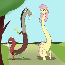 Size: 1280x1280 | Tagged: safe, artist:astr0zone, discord, fluttershy, draconequus, pegasus, pony, g4, impossibly long neck, necc, tree