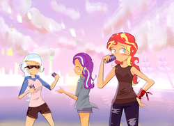 Size: 3897x2829 | Tagged: safe, artist:noahther, edit, starlight glimmer, sunset shimmer, trixie, human, g4, blushing, clothes, cloud, counterparts, drink, high res, hoodie, humanized, jeans, pants, shorts, sky, smiling, summer, sunglasses, super mario bros., twilight's counterparts