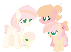 Size: 624x457 | Tagged: safe, artist:pastelmlpdrawings, oc, oc only, oc:berry butter, oc:flower marble, oc:golden heart, oc:sweet honey, earth pony, pegasus, pony, baby, baby pony, base used, colored pupils, female, filly, freckles, mare, offspring, parent:big macintosh, parent:fluttershy, parents:fluttermac, simple background, sisters, white background