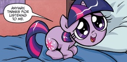 Size: 754x371 | Tagged: safe, artist:brenda hickey, idw, twilight sparkle, pony, g4, adorable face, bed, cute, female, filly, filly twilight sparkle, pillow, solo, twiabetes, younger
