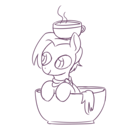 Size: 1600x1600 | Tagged: safe, artist:rawrienstein, jasmine leaf, earth pony, pony, g4, cup, cup of pony, female, food, mare, micro, monochrome, simple background, smiling, solo, tea, white background