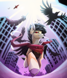 Size: 2553x3000 | Tagged: safe, artist:taiga-blackfield, oc, oc only, oc:blackfeather, bird, crow, pegasus, pony, building, city, clothes, high res, looking at you, looking down, red eyes, scarf, solo