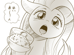 Size: 600x450 | Tagged: safe, artist:phoenixperegrine, fluttershy, pony, g4, cute, feeding, female, food, grayscale, japanese, magnet hoof, monochrome, open mouth, pixiv, rice, shyabetes, simple background, solo, speech bubble, spoon