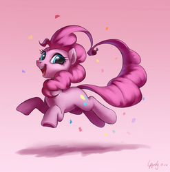 Size: 2380x2407 | Tagged: safe, artist:luciferamon, pinkie pie, earth pony, pony, confetti, cute, diapinkes, female, gradient background, happy, jumping, looking at you, mare, open mouth, ponk, shadow, signature, smiling, solo, underhoof