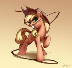 Size: 2480x2357 | Tagged: safe, artist:luciferamon, applejack, earth pony, pony, g4, brown background, cowboy hat, female, gradient background, hat, high res, lasso, looking at you, mare, mouth hold, raised hoof, rope, shadow, signature, smiling, solo
