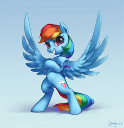 Size: 2275x2337 | Tagged: safe, artist:luciferamon, rainbow dash, pegasus, pony, g4, backwards cutie mark, bipedal, crossed arms, female, gradient background, high res, looking at you, mare, shadow, signature, smiling, solo, spread wings, wings