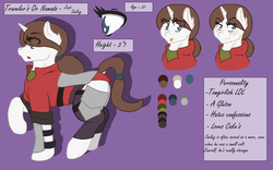 Size: 1280x801 | Tagged: safe, artist:the annoying tac, oc, oc only, oc:smiley, pony, unicorn, bio, clothes, male, solo, stallion, trap, travelers or nomads