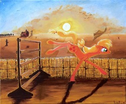 Size: 1024x845 | Tagged: safe, artist:colorsceempainting, applejack, earth pony, pony, g4, over a barrel, appleloosa, canvas, desert, female, hat, obstacle course, paint, painting, scenery, shadow, solo, sun, traditional art, watermark