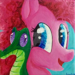 Size: 1024x1018 | Tagged: safe, artist:colorsceempainting, gummy, pinkie pie, alligator, earth pony, pony, g4, paint, painting, smiling, traditional art, watermark