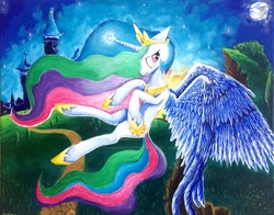 Size: 1024x804 | Tagged: source needed, useless source url, safe, artist:colorsceempainting, princess celestia, alicorn, pony, g4, castle, castle of the royal pony sisters, detailed, female, mare, moon, night, paint, painting, sad, solo, traditional art, watermark, wings
