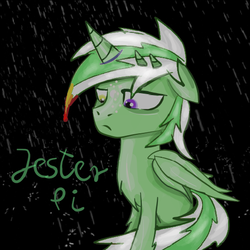 Size: 510x510 | Tagged: safe, artist:jesterpi, oc, oc only, oc:jester pi, pegasus, pony, black background, heterochromia, male, pegacorn, rain, simple background, solo, stallion