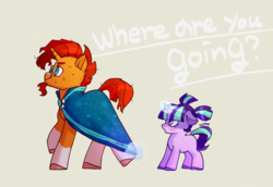 Size: 1600x1103 | Tagged: safe, artist:gyunyu, starlight glimmer, sunburst, pony, unicorn, g4, alternate hairstyle, beard, cape, clothes, dialogue, duo, facial hair, female, filly, filly starlight glimmer, foal, glasses, glowing horn, horn, magic, male, pigtails, signature, simple background, stallion, sweat, sweatdrop, tan background, telekinesis, translation, yellow background, younger