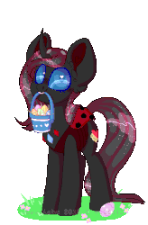 Size: 310x473 | Tagged: safe, artist:wolfs42, oc, oc only, oc:savvy, changedling, changeling, dark changedling, animated, basket, blinking, changedling oc, changeling oc, commission, cute, easter, easter egg, egg, heart eyes, holiday, mouth hold, pixel art, simple background, solo, transparent background, wingding eyes, ych result