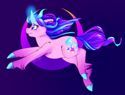 Size: 900x683 | Tagged: safe, artist:skel0sbadlands, starlight glimmer, pony, unicorn, g4, female, frown, glowing horn, horn, mare, purple background, simple background, solo, unshorn fetlocks