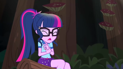 Size: 1280x720 | Tagged: safe, screencap, sci-twi, twilight sparkle, equestria girls, g4, my little pony equestria girls: legend of everfree, camp everfree outfits, clothes, forest, glasses, nature, ponytail, shirt, shorts, the midnight in me