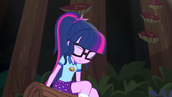 Size: 1280x720 | Tagged: safe, screencap, sci-twi, twilight sparkle, equestria girls, g4, my little pony equestria girls: legend of everfree, camp everfree outfits, eyes closed, female, glasses, sad, solo