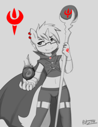 Size: 3500x4500 | Tagged: safe, artist:potzm, oc, oc only, oc:tinker doo, unicorn, anthro, ear piercing, glasses, mage, male, monochrome, piercing, solo, staff